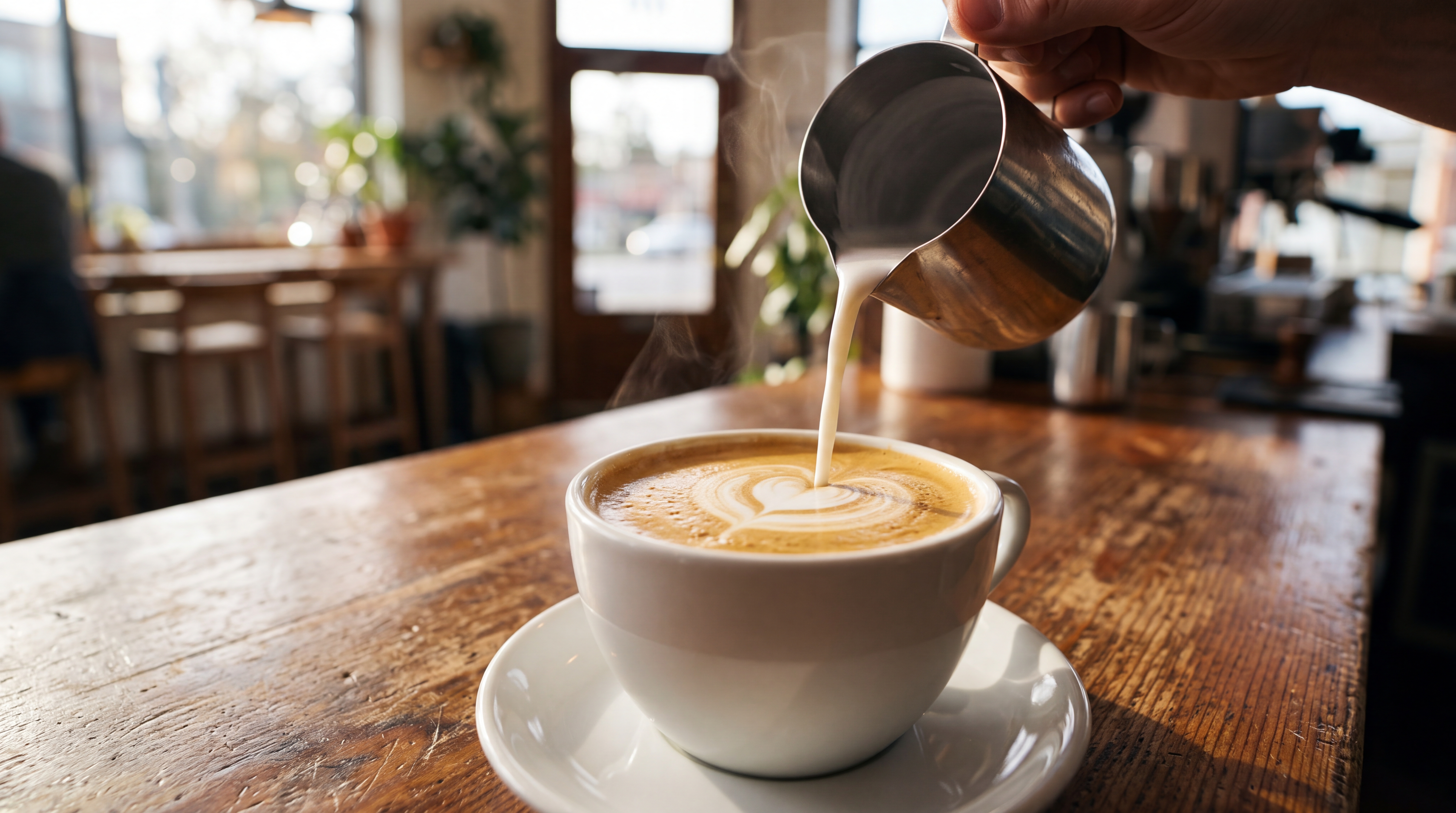Espresso fincanına dökülen süt ve latte art